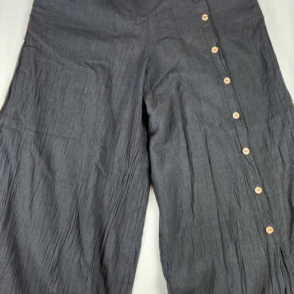 Women's Black Button Slit Wide Leg Pants With Pocket. 100% Cotton. Free Size - Picture 4 of 9